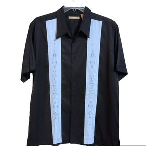 Men's paneled shirt XXL embroidered Cuban wedding shirt Guayabera navy sky blue